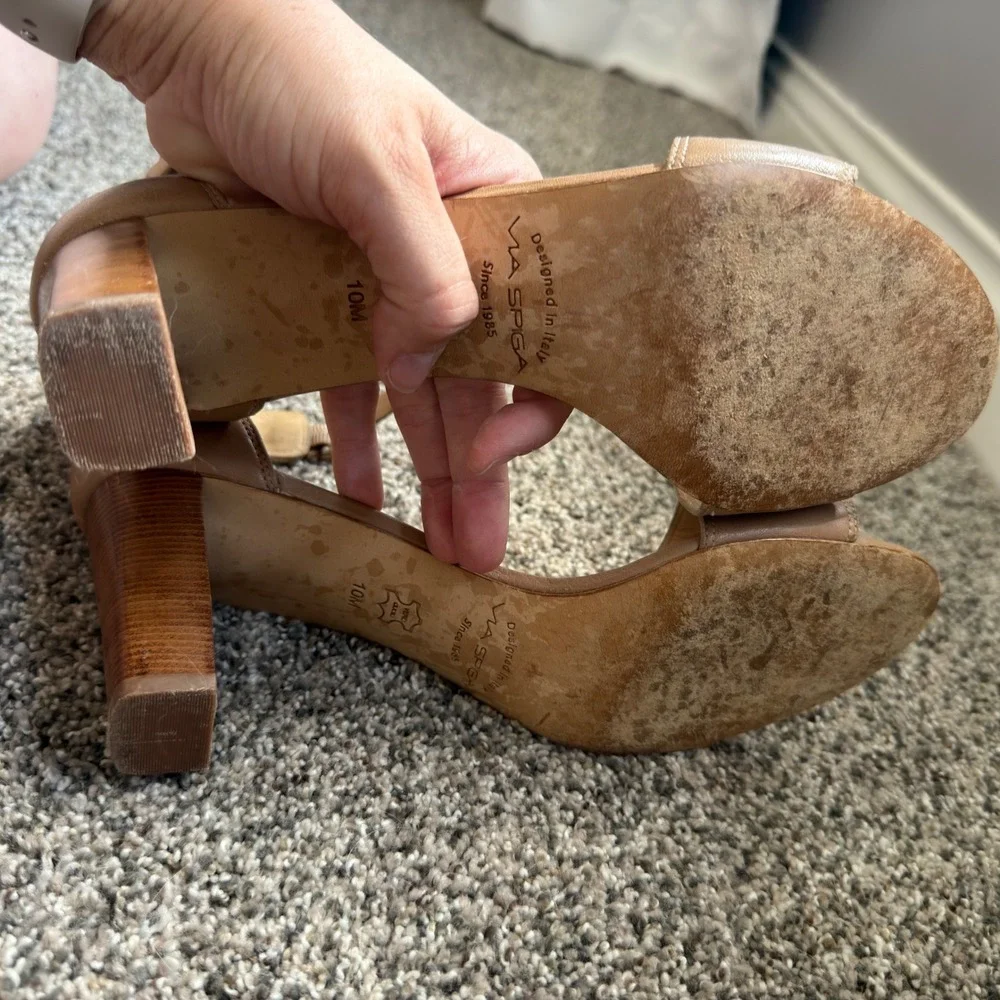 Via Spiga Nude Leather Ankle Strap Block Heel Tan Size 10M Italian Design